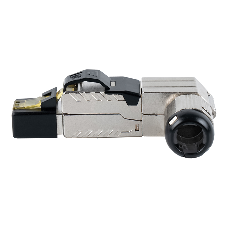 Экранированный безинструментальный соединитель Cat7 RJ45 (угол 90 градусов на конце) RJ-G90S-1-C7